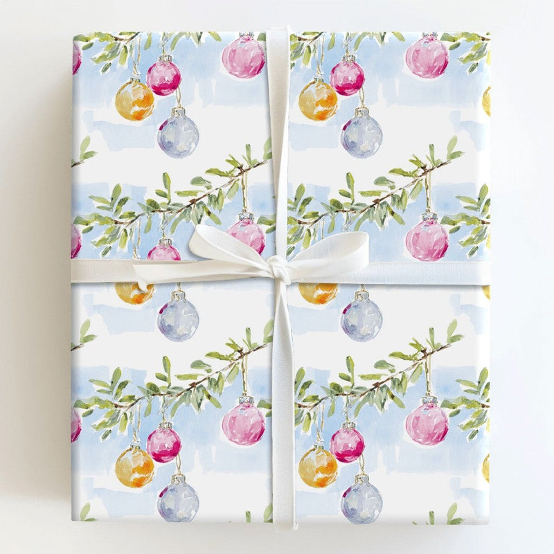 Hanging Bauble Holiday Gift Wrap, Watercolor Christmas Ornament Wrapping Paper, Winter Branch Present Paper, Festive Xmas Wrapping Paper Roll