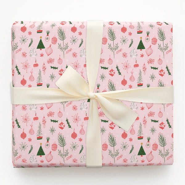 Hand Drawn Holiday Ornament Gift Wrap, Pink Christmas Tree Wrapping Paper, Pastel Pink Christmas Wrapping Paper, Festive Xmas
