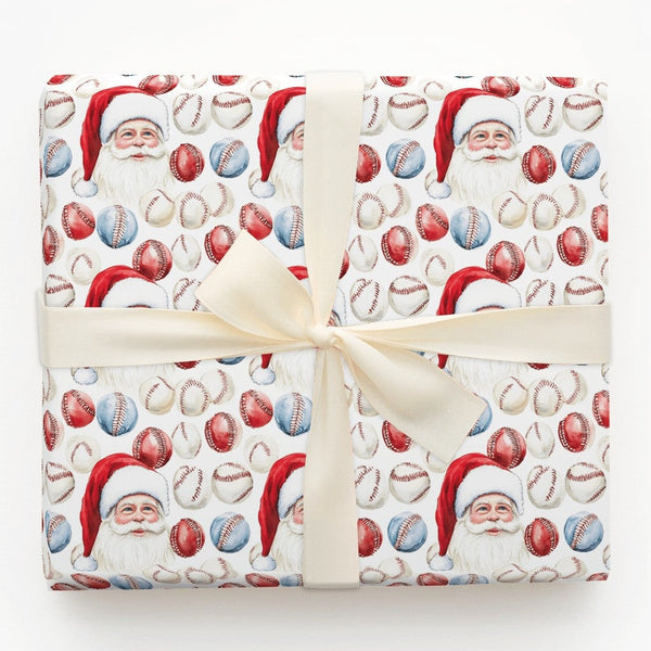 Sports Holiday Gift Wrap, Baseball Santa Christmas Wrapping Paper, Red White Blue Baseball Wrapping Paper, Coach Player Gift 