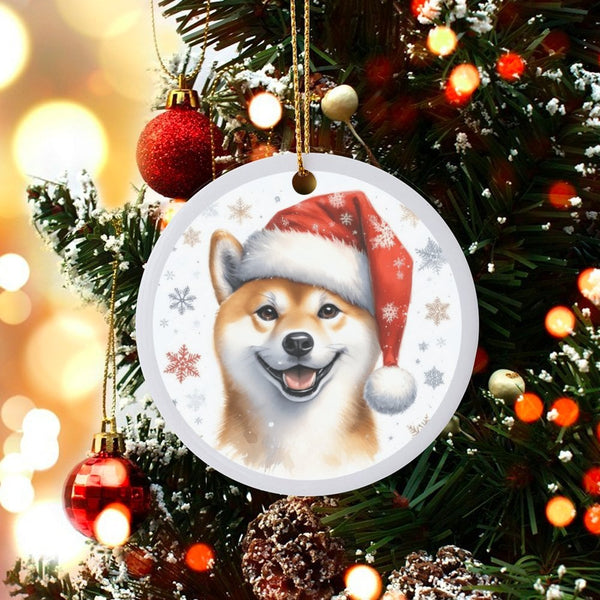 Santa Hat Dog Ceramic Ornament, Smiling Shiba Inu Christmas Ornament, Adorable Puppy Tree Ornament, Holiday Pet Keepsake, Pre