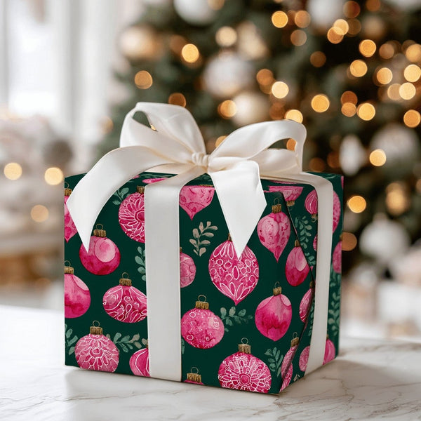 Watercolor Greenery Gift Wrap, Pink Ornament Christmas Wrapping Paper, Dark Green Holiday Wrapping Paper, Elegant Winter Baub