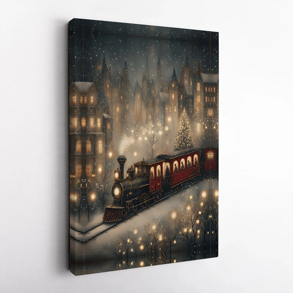 Snowy Village Winter Scene Canvas Print, Christmas Steam Train Canvas Wall Art, Festive Holiday Canvas Art, Vintage Xmas Home