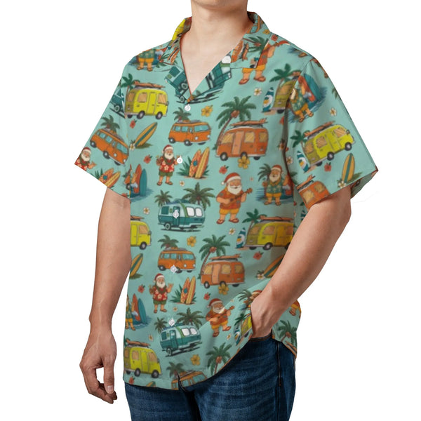 Tropical Christmas Camper Van Aloha Shirt, Surfing Santa Hawaiian Shirt, Humorous Holiday Short Sleeve Shirt, Summer Beach Xm