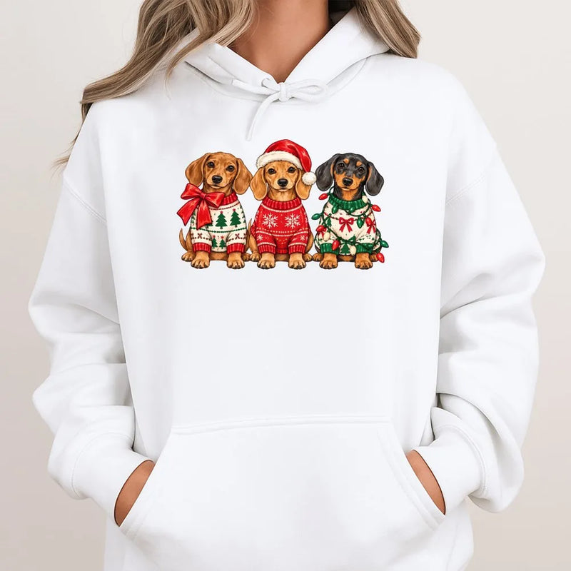 Wiener Dog Santa Hat Hooded Sweatshirt, Christmas Dachshund Hoodie, Retro Holiday Dachshund Sweater Hoodie, Adorable Dog Lover Xmas Present