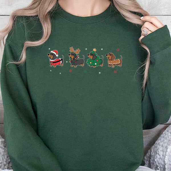 Adorable Wiener Dog Holiday Sweater, Dachshund Christmas Sweatshirt, Retro Doxie Crewneck Pullover, Festive Dog Lover Sweatsh