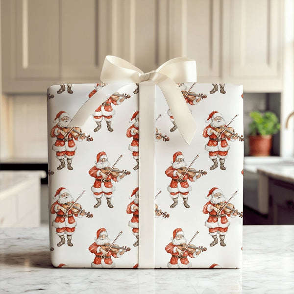 Watercolor Musical Wrapping Paper Roll, Santa Playing Violin Wrapping Paper, Classical Musician Gift Wrap, Christmas Santa Wr