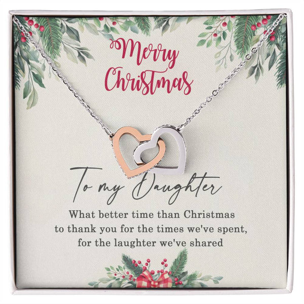 CZ Heart Pendant, To My Daughter Interlocking Hearts Necklace, Polished Surgical Steel Rose Gold Finish Christmas Jewelry Pre
