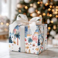 Palm Tree Cityscape Gift Wrap, Tropical Christmas City Skyline Wrapping Paper, Urban Winter Wrapping Paper, Festive Holiday Gift Wrap Roll