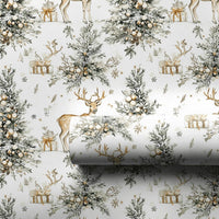 Rustic Watercolor Reindeer Gift Wrap, Woodland Reindeer Wrapping Paper, Winter Pine Tree Reindeer Paper Roll, Christmas Gift Wrapping Paper