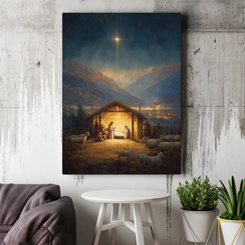Holy Night Manger Silhouette Canvas Painting, Star of Bethlehem Nativity Scene Wall Art, Christmas Faith Poster, Printable Digital Download