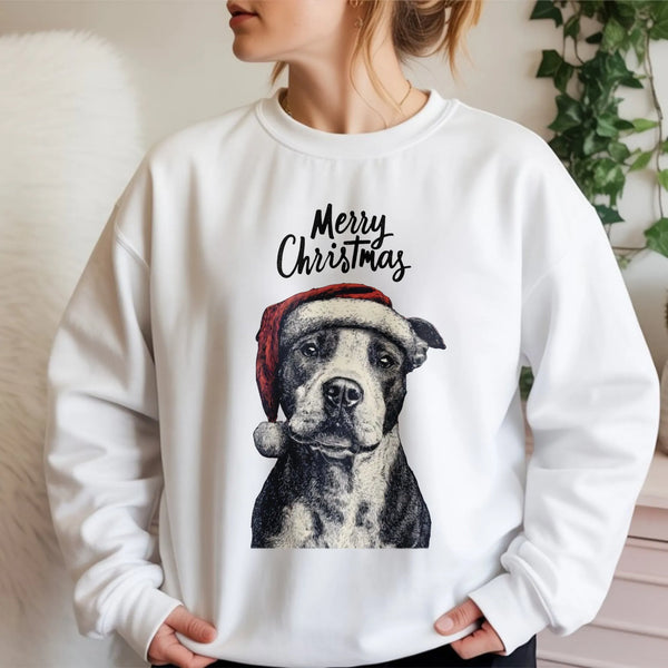 Santa Hat Dog Holiday Sweatshirt, Pitbull Christmas Sweatshirt, Adorable Pit Bull Dog Mom Crewneck, Festive Puppy Lover Pullo