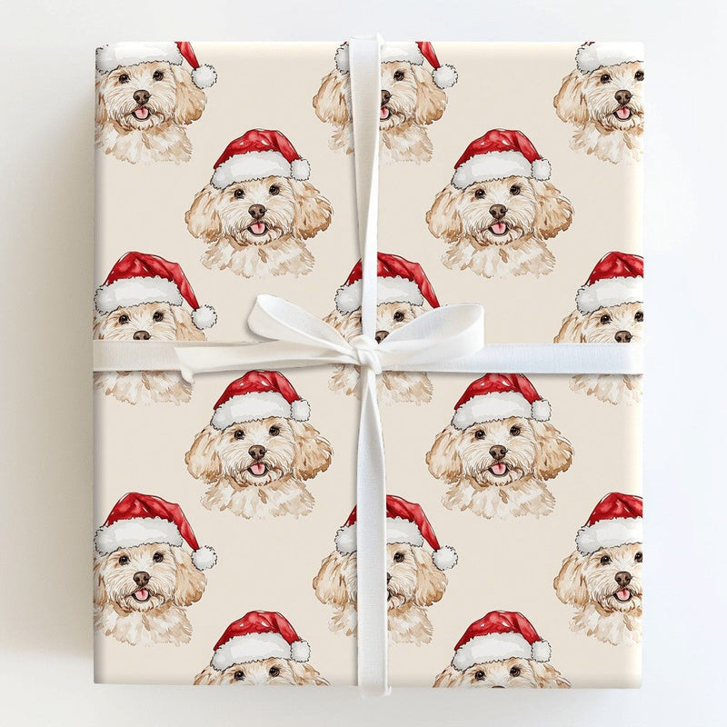 Watercolor Dog Santa Hat Holiday Gift Wrap, Goldendoodle Christmas Wrapping Paper, Doodle Dog Xmas Wrapping Paper, Pet Lover Present Wrap