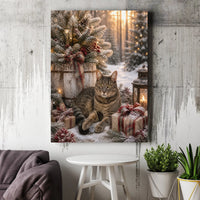 Winter Scene with Lantern Wall Art, Christmas Tabby Cat Snowy Canvas Print, Adorable Holiday Pet Poster, Digital Download Cat Lover