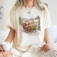 Classic Snowy Christmas Village Shirt, Vintage Santa Sleigh T-Shirt, Retro Holiday Sleigh Graphic Tee, Nostalgic Xmas Graphic T-Shirt