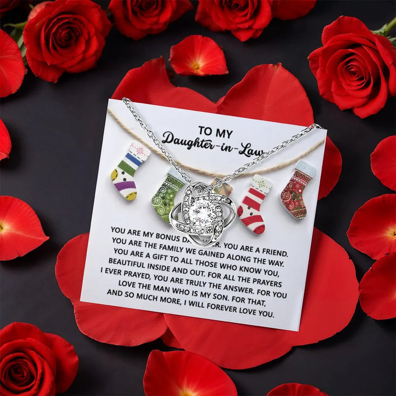 CZ Crystal Daughter in Law Pendant, Daughter-in-Law Love Knot Necklace, White or Yellow Gold Jewelry, Meaningful Christmas Holiday Present