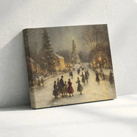 Snowy Ice Skating Scene Victorian Painting Digital Download, Vintage Christmas Village Wall Art, Festive Winter Canvas Decor Present