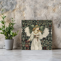 Victorian Holly Berry Damask Canvas, Christmas Angel Square Canvas Wall Art, Holiday Religious Wall Art, Vintage Xmas Canvas Print