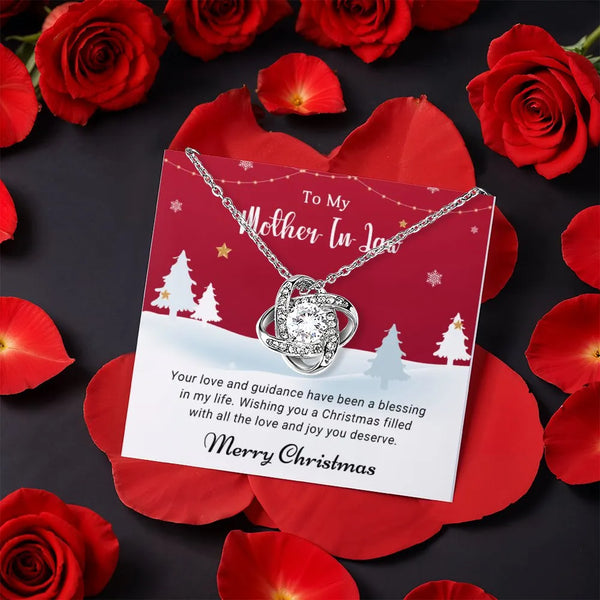 CZ Crystal Knot Necklace, Mother in Law Love Knot Necklace, Rotating Rose Box Pendant Necklace, Christmas Holiday Jewelry Pre