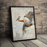 Winter Bird Oil Painting Canvas Print, Snowman Canvas Wall Art, Holiday Snowman Canvas, Christmas Wall Decor, Comfy Winter Home Decor Present