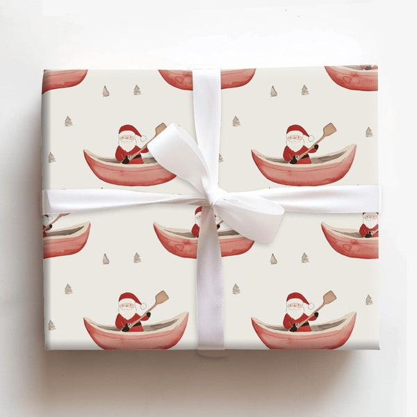 Watercolor Red Canoe Gift Wrap, Santa in Canoe Wrapping Paper, Winter Pine Tree Wrapping Paper, Whimsical Christmas Wrapping 