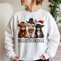 Adorable Holiday Crewneck, Highland Cow Christmas Sweatshirt, Festive Hallothanksmas Sweatshirt, Humorous Winter Pullover, Animal Lover Xmas Present