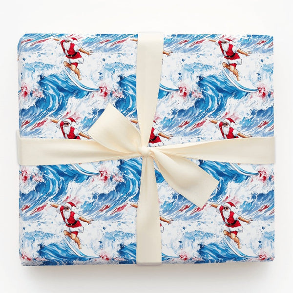 Watercolor Coastal Holiday Gift Wrap, Surfing Santa Christmas Wrapping Paper, Sunglasses Beach Santa Wrapping Paper, Ocean Lo