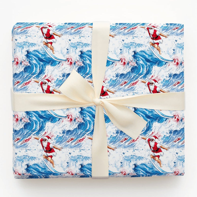 Watercolor Coastal Holiday Gift Wrap, Surfing Santa Christmas Wrapping Paper, Sunglasses Beach Santa Wrapping Paper, Ocean Lover Gift Wrap
