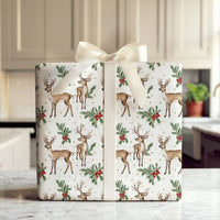 Watercolor Deer Holly Berry Gift Wrap, Woodland Reindeer Wrapping Paper, Rustic Winter Holiday Paper, Christmas Gift Wrapping Roll