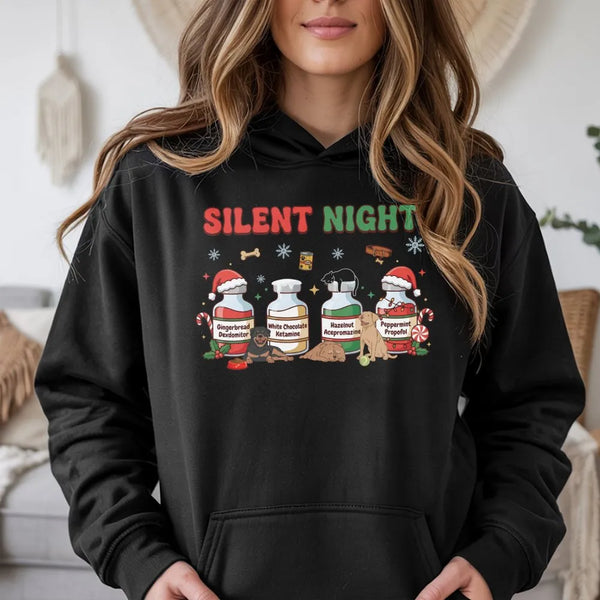 Veterinary Christmas Hoodie, Silent Night Vet Med Hoodie, Vet Tech Hooded Sweatshirt, Humorous Vet Student Pullover Hoodie, X