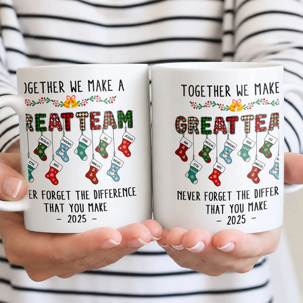 Together We Make a Great Team Stockings Coffee Mug, Christmas Family Team Mug, Holiday Ceramic Tea Cup Mug