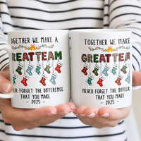 Together We Make a Great Team Stockings Coffee Mug, Christmas Family Team Mug, Holiday Ceramic Tea Cup Mug
