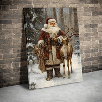 Christmas Forest Wall Art, Vintage Santa Claus Canvas Print, Holiday Santa and Reindeer Canvas Art, Traditional Winter Xmas Wall Decor