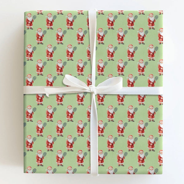 Whimsical Santa Gift Wrap, Tennis Santa Christmas Wrapping Paper, Green Tennis Wrapping Paper, Sports Fan Holiday Present Wra