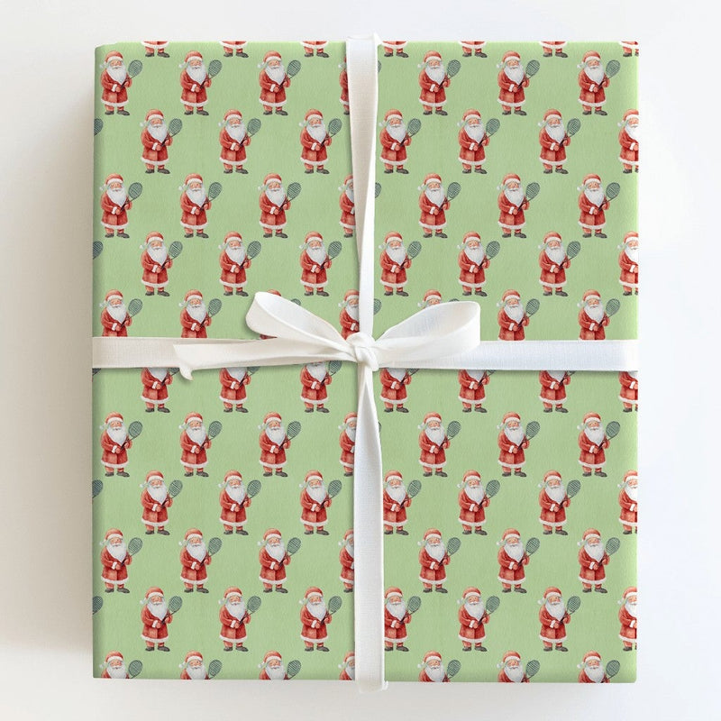 Whimsical Santa Gift Wrap, Tennis Santa Christmas Wrapping Paper, Green Tennis Wrapping Paper, Sports Fan Holiday Present Wrapping Paper