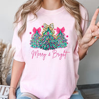 Pink Bow Tree Holiday Graphic Tee, Merry and Bright Christmas T-Shirt, Adorable Coquette Xmas Shirt, Pastel Winter Season Top