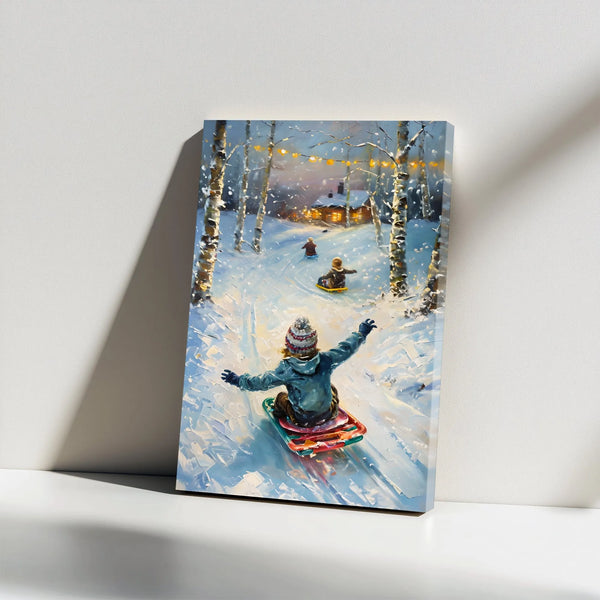 Snowy Birch Forest Canvas Print, Kids Sledding Winter Canvas Wall Art, Nostalgic Holiday Oil Painting Wall Decor, Christmas C