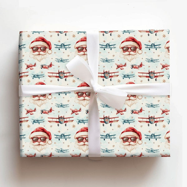 Cool Sunglasses Santa Gift Wrap, Aviator Santa Wrapping Paper, Vintage Airplane Santa Christmas Paper, Retro Aviation Gift Wr
