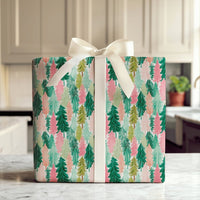 Watercolor Pine Tree Holiday Gift Wrap, Pink and Green Christmas Tree Wrapping Paper, Modern Pastel Christmas Wrapping Paper, Holiday Wrap