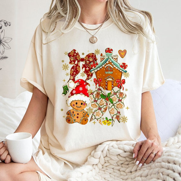 Adorable Holiday Cookie Shirt, Christmas Gingerbread Man T-Shirt, Festive Santa Hat Graphic Tee, Gingerbread House Xmas Top, 
