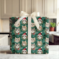 Santa Hat Kitten Gift Wrap, Christmas Cat Wrapping Paper, Holiday Wreath Cat Wrapping Paper, Festive Green Holiday Pet Lover Gift Wrap Roll