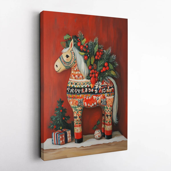 Scandinavian Folk Art Canvas Wall Art, Dala Horse Canvas Print, Festive Christmas Canvas Art, Nordic Holiday Wall Decor, Wint