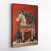 Scandinavian Folk Art Canvas Wall Art, Dala Horse Canvas Print, Festive Christmas Canvas Art, Nordic Holiday Wall Decor, Winter Home Present