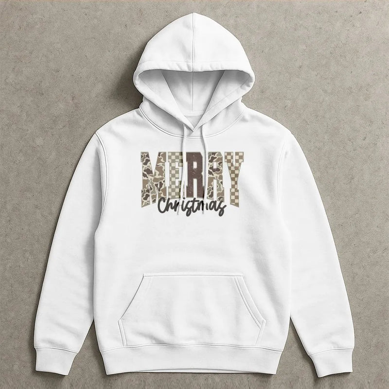 Trendy Camouflage Checkered Hoodie, Merry Christmas Camo Hoodie, Comfy Holiday Graphic Sweatshirt, Winter Festive Pullover Camo Hoodie