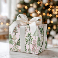 Watercolor Holiday Gift Wrap, Pink Christmas Tree Wrapping Paper, Modern Pastel Xmas Gift Wrapping Paper, Festive Season Wrap Roll