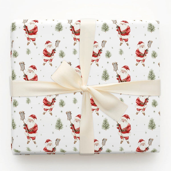 Sporty Santa Gift Wrap Roll, Lacrosse Santa Christmas Wrapping Paper, Lacrosse Player Holiday Paper, Winter Sports Present Gi