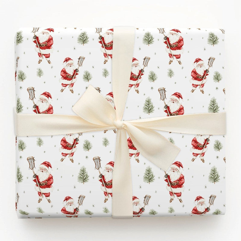 Sporty Santa Gift Wrap Roll, Lacrosse Santa Christmas Wrapping Paper, Lacrosse Player Holiday Paper, Winter Sports Present Gift Wrap