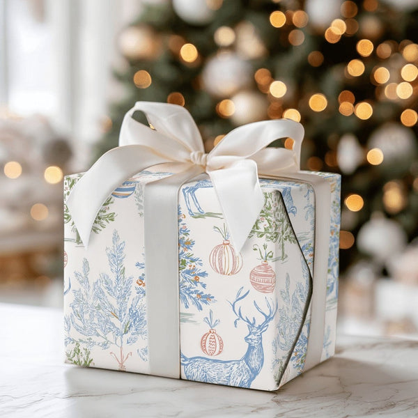 Vintage Toile Holiday Gift Wrap, Blue Reindeer Toile Christmas Wrapping Paper, Elegant Deer Tree Gift Wrapping Paper, Winter 