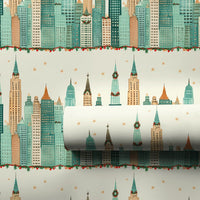 NYC Skyscraper Gift Wrap, Christmas City Skyline Wrapping Paper, Holiday City Wreath Wrapping Paper, Urban Architecture Gift Wrap Roll