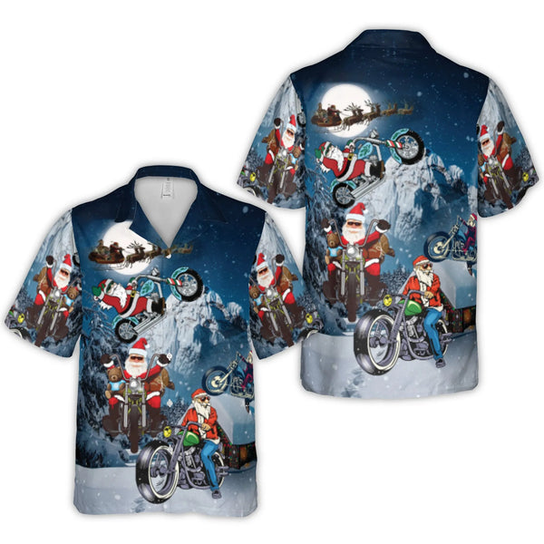 Motorcycle Santa Claus Button Up Shirt, Biker Santa Christmas Hawaiian Shirt, Humorous Holiday Biker Aloha Shirt, Tropical Xm