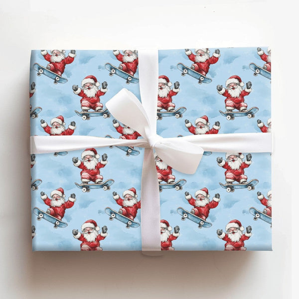 Blue Skater Santa Gift Wrap, Skateboarding Santa Wrapping Paper, Humorous Christmas Present Wrap, Humorous Skateboard Holiday